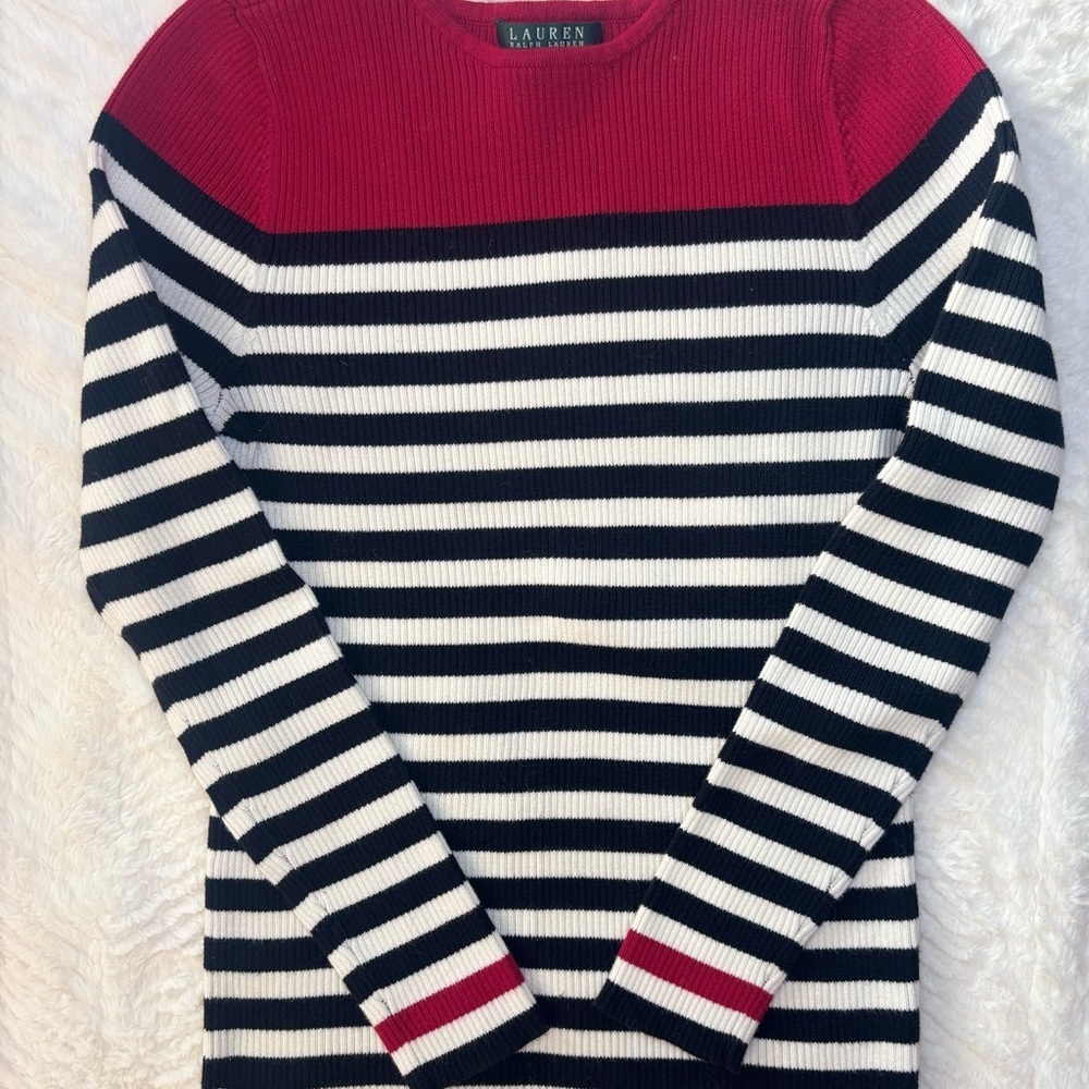 Ralph Lauren Red and Black Striped Crewneck Sweater